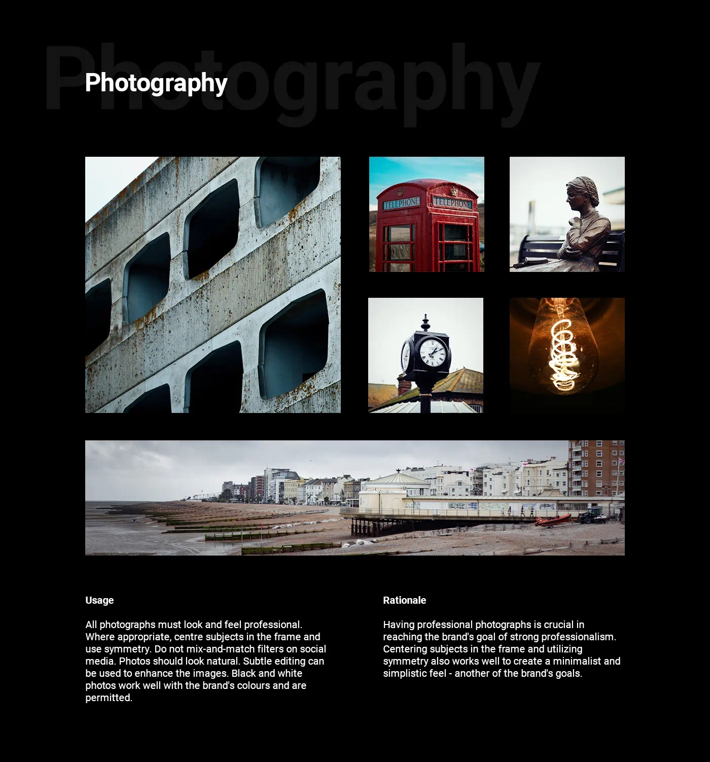 The photography page displays a variety of professional images as an example of the style and quality to be aimed for