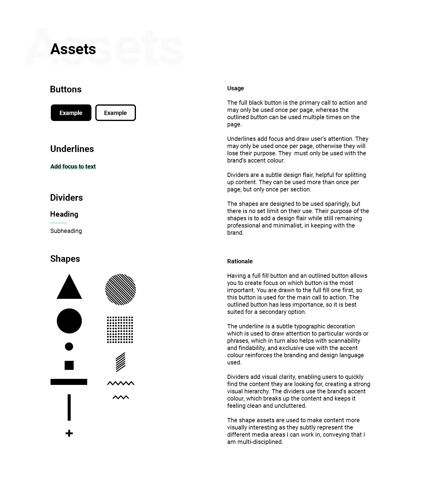 The assets page details the variety of design elements to be used by the brand