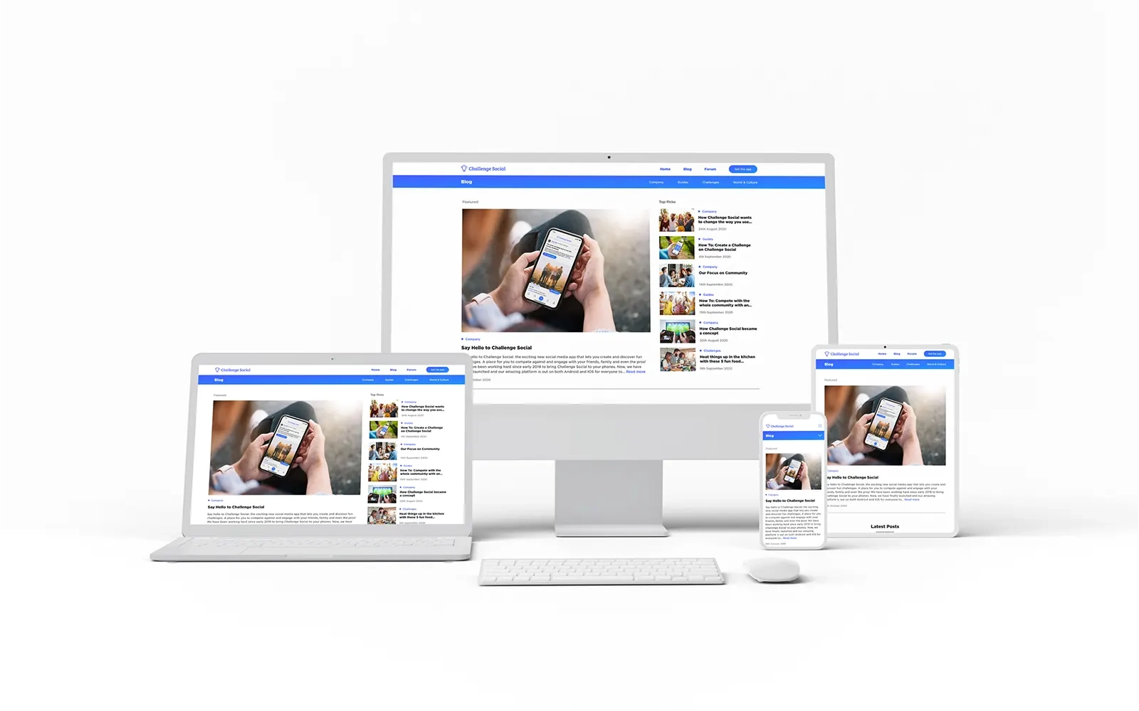The Challenge Social blog page displayed in various white 3D device mockups