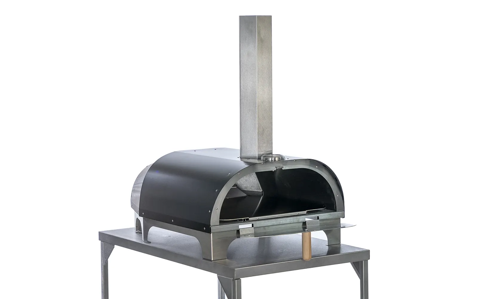 Side of The No.16 pizza oven with the door open against a white background