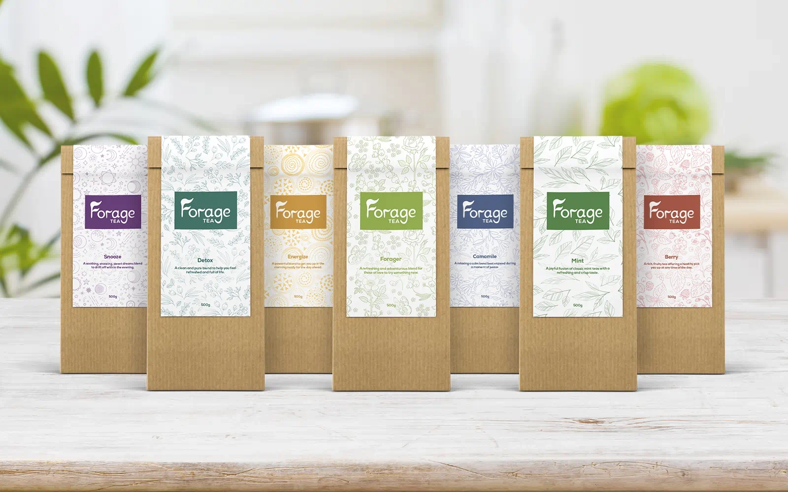 Packaging mockups with the Forage Tea branding showing a variety of flavours in different colours