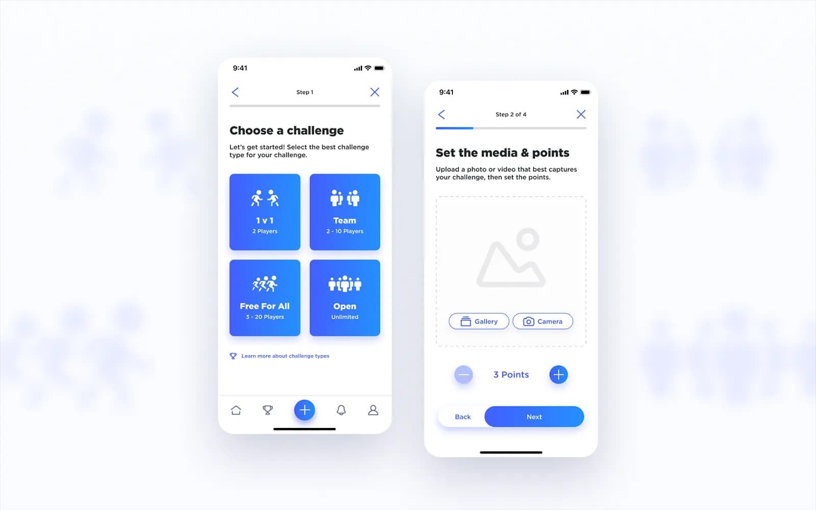 Two designs of the Challenge Social 'create a challenge' flow