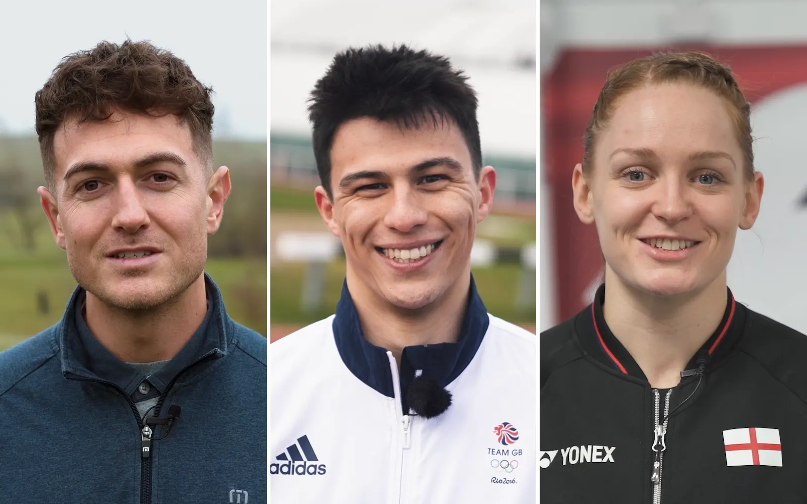 Three people, each one showing a sports personality - two male, one female