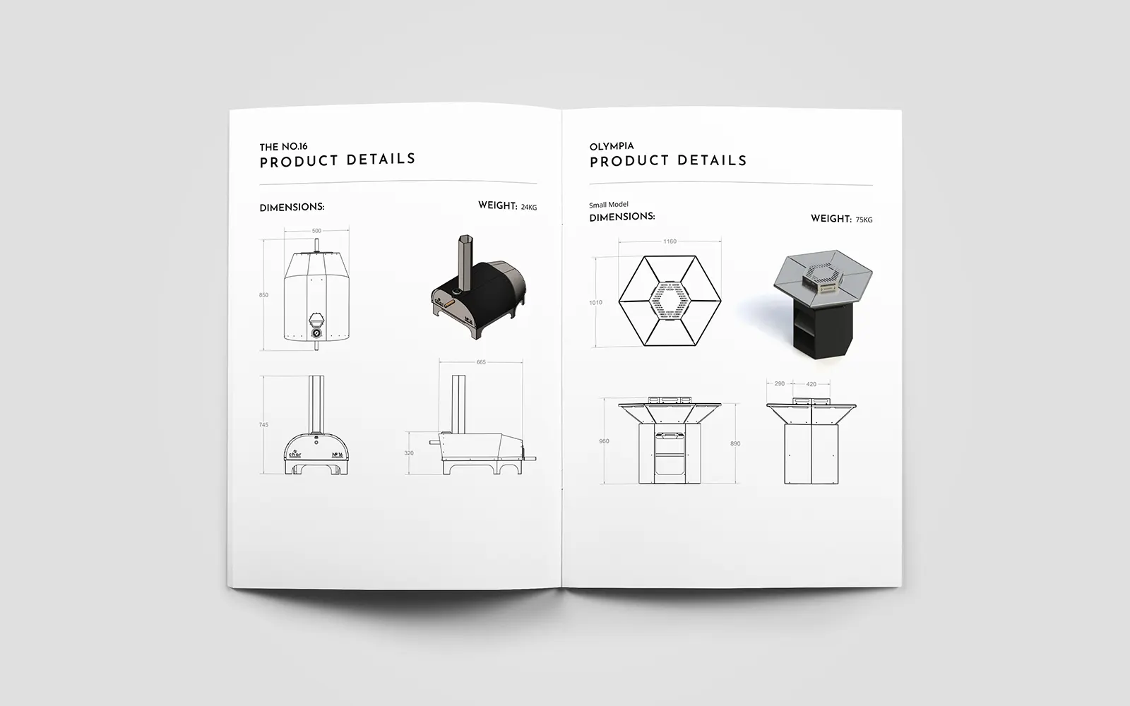 A two page spread of the brochure showing the product specifications