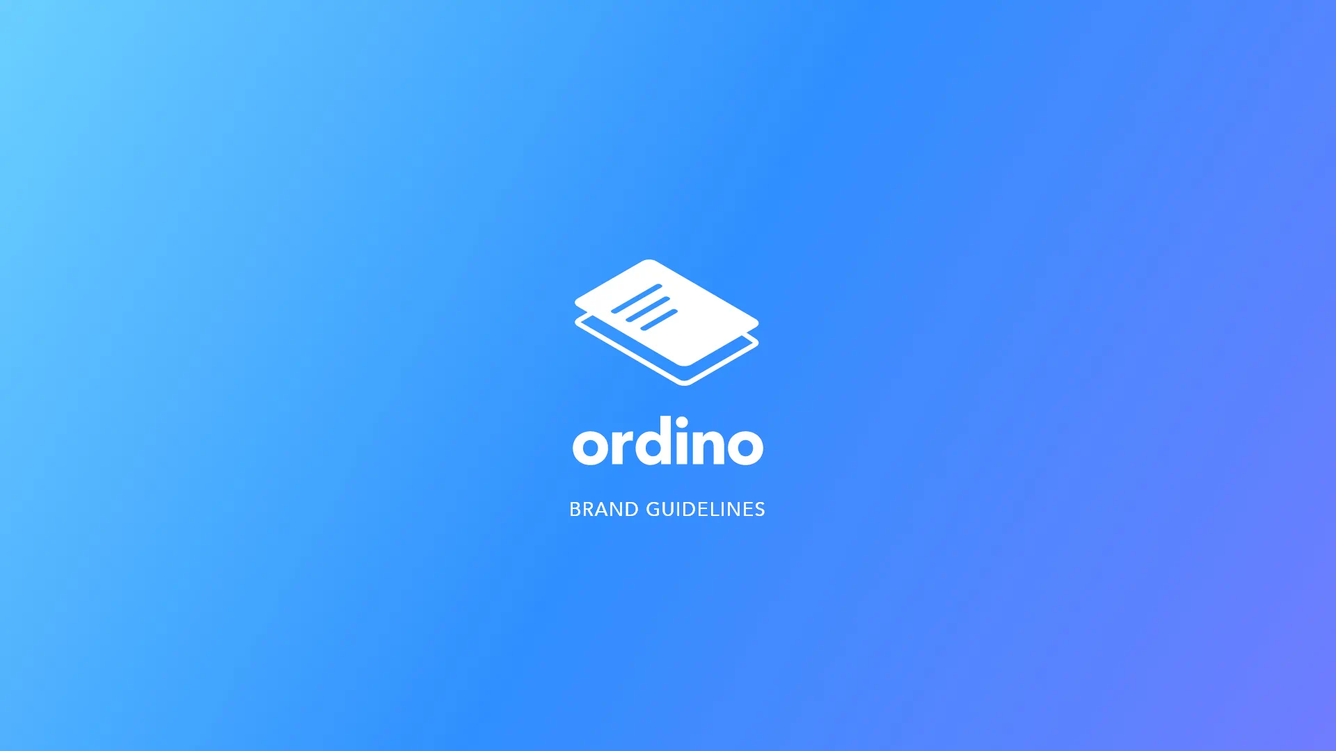 The first page of the Ordino brand guidelines shows the logo in white on a blue and purple background