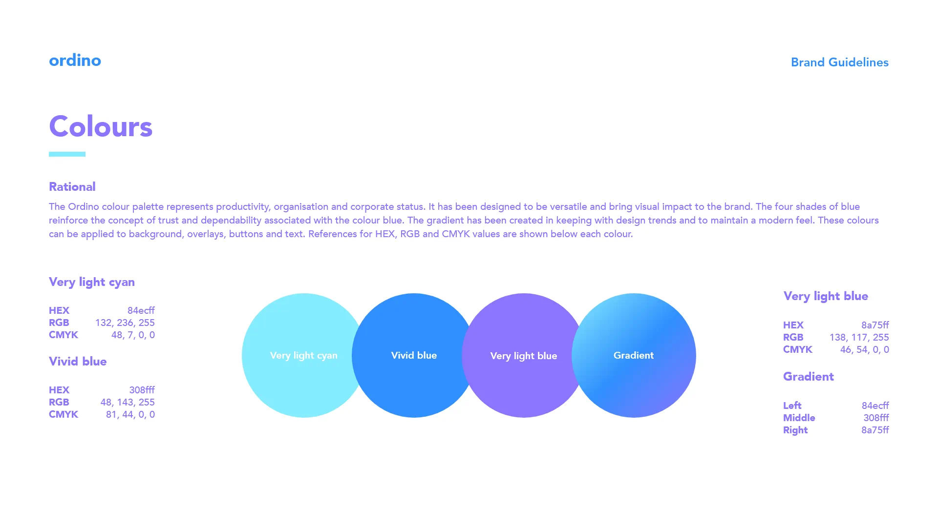 The second page of the Ordino brand guidelines outlines the various colours to be used by the brand