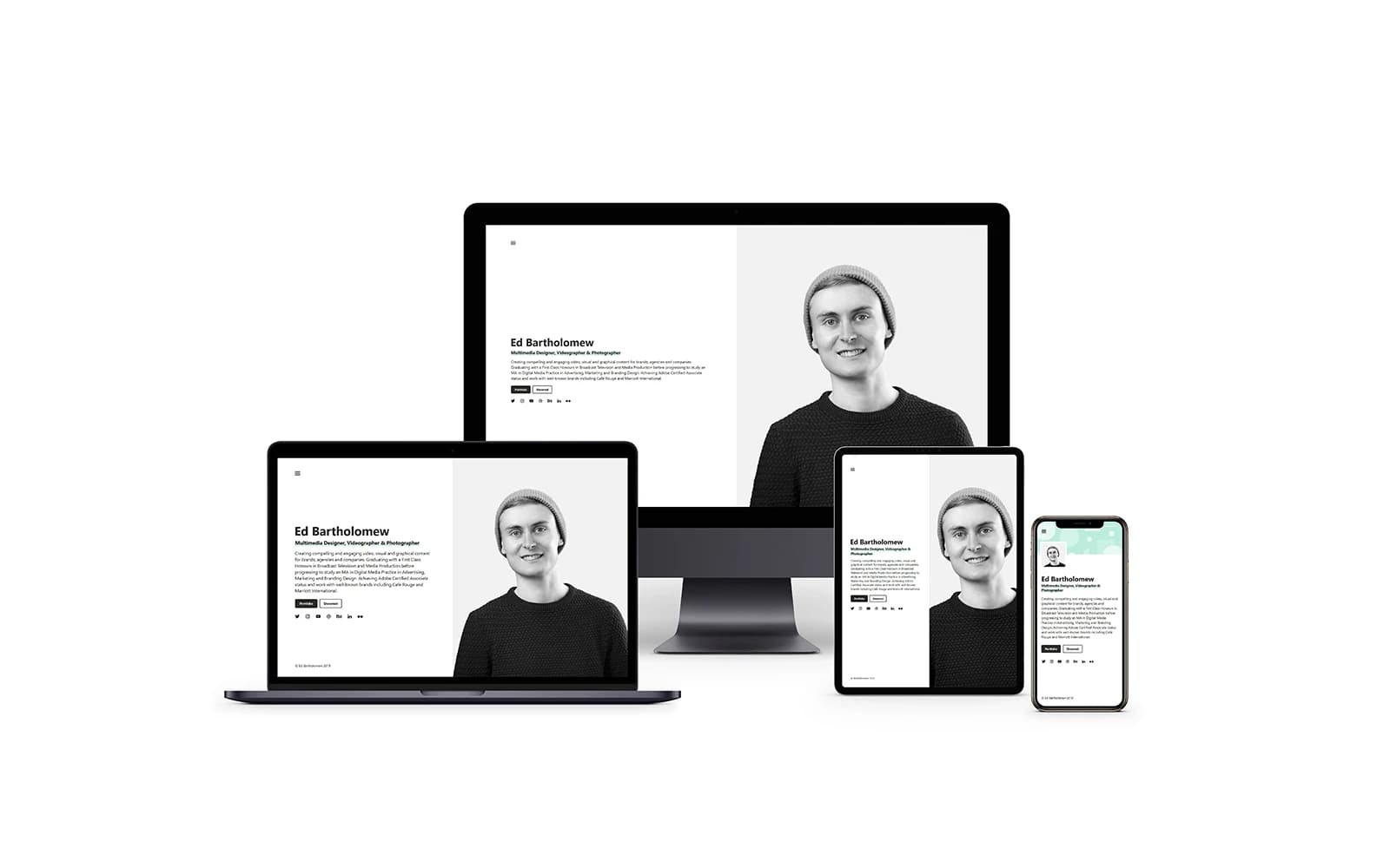 On a plain white background, we see a variety of devices, including a laptop, desktop, tablet and mobile each showing what the Ed Bartholomew website looks like when loaded on different sized screens
