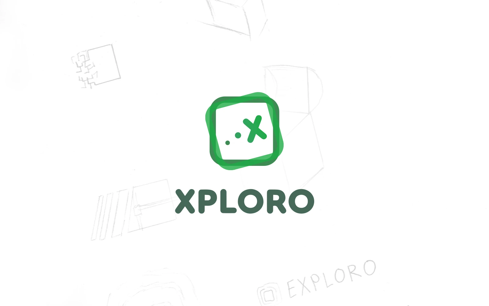 The modern and trendy Xploro logo shows two overlapping green squares with a few dots leading to an ‘x’ in the middle. This fun and quirky logo is shown on a white background with initial sketches of the logo