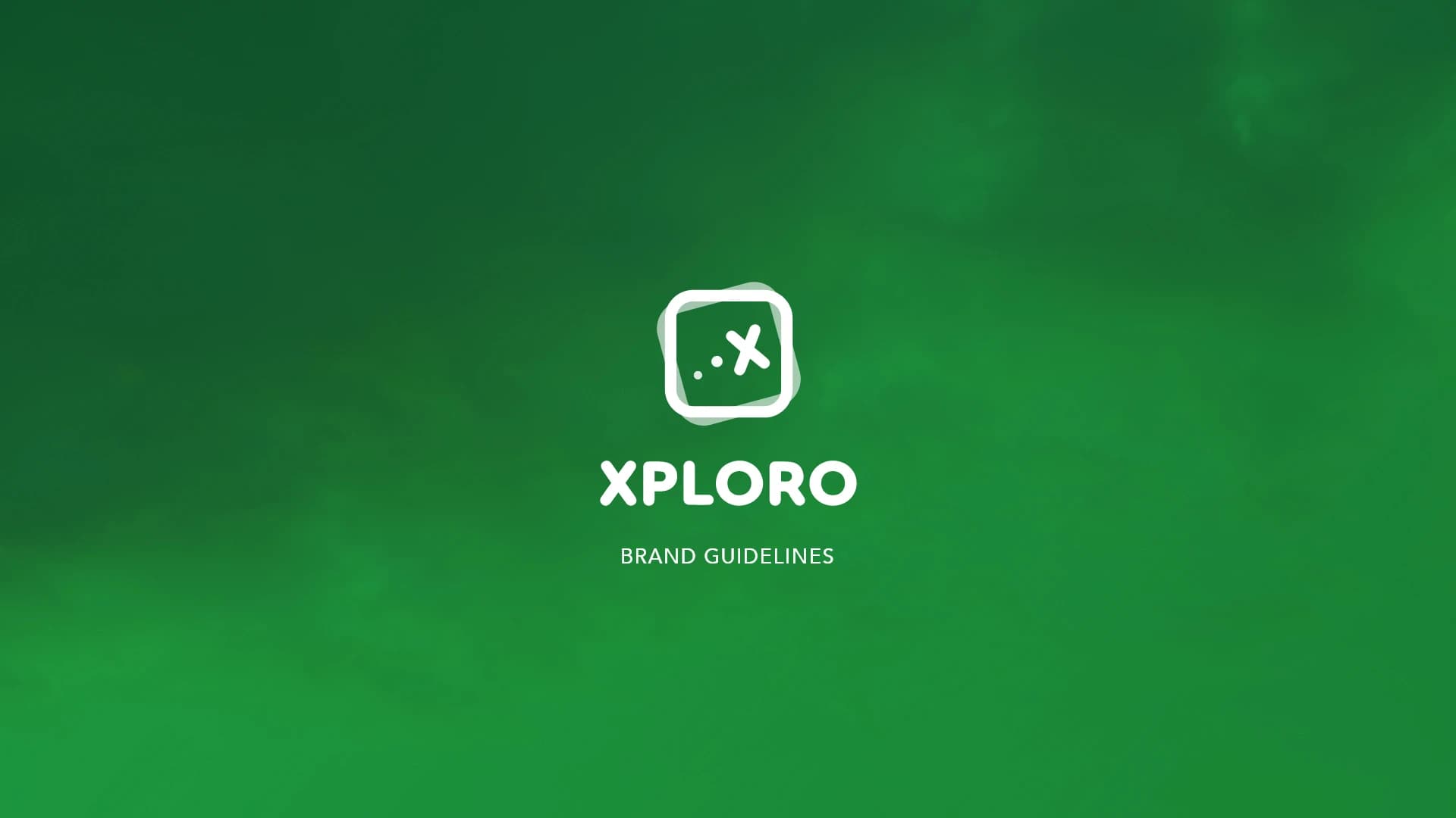 The first page of the Xploro brand guidelines shows the logo in white on a green background with dark clouds in the left-hand corner