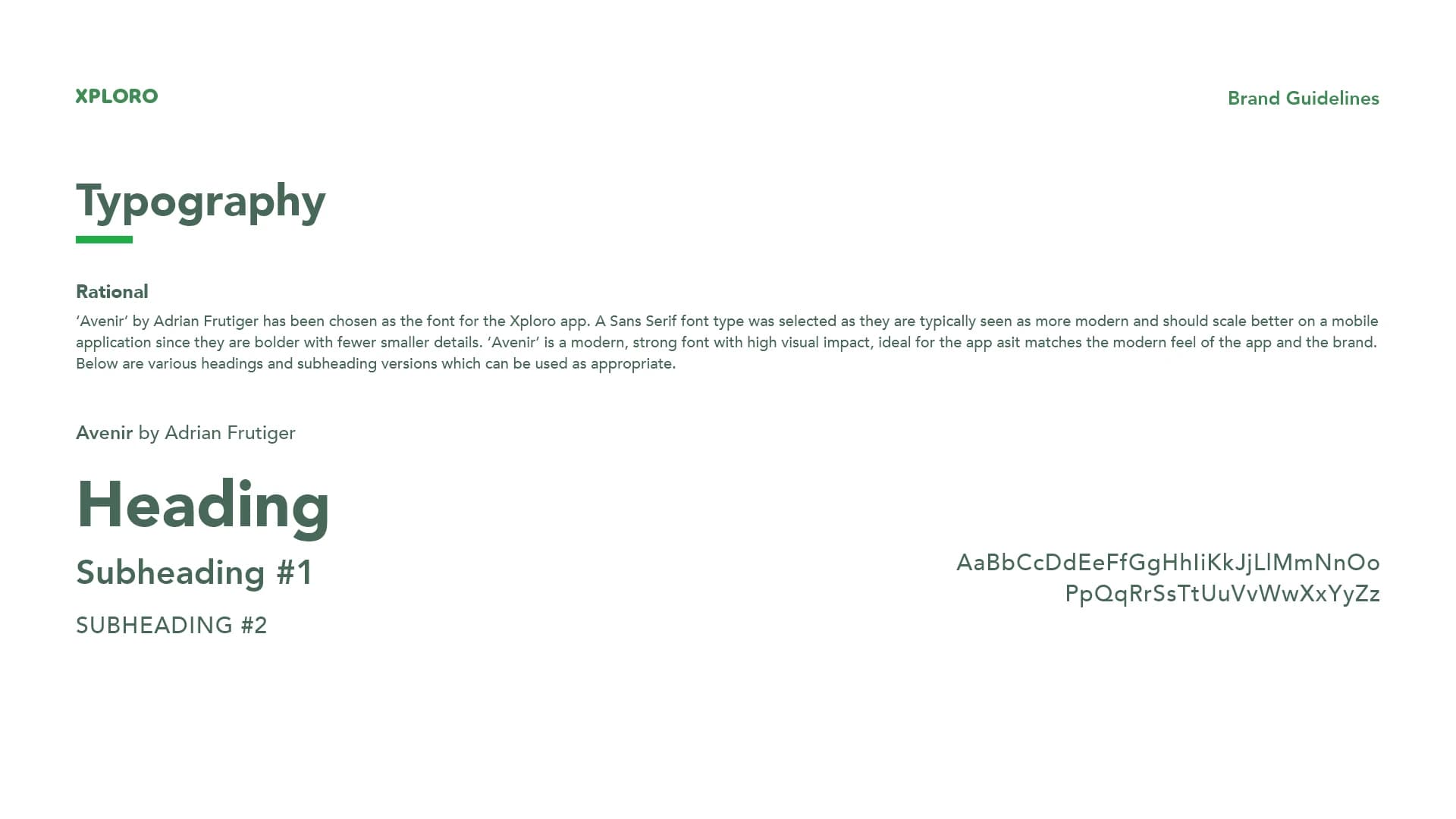 The fourth page of the Xploro brand guidelines outlines the fonts which should be used by the brand