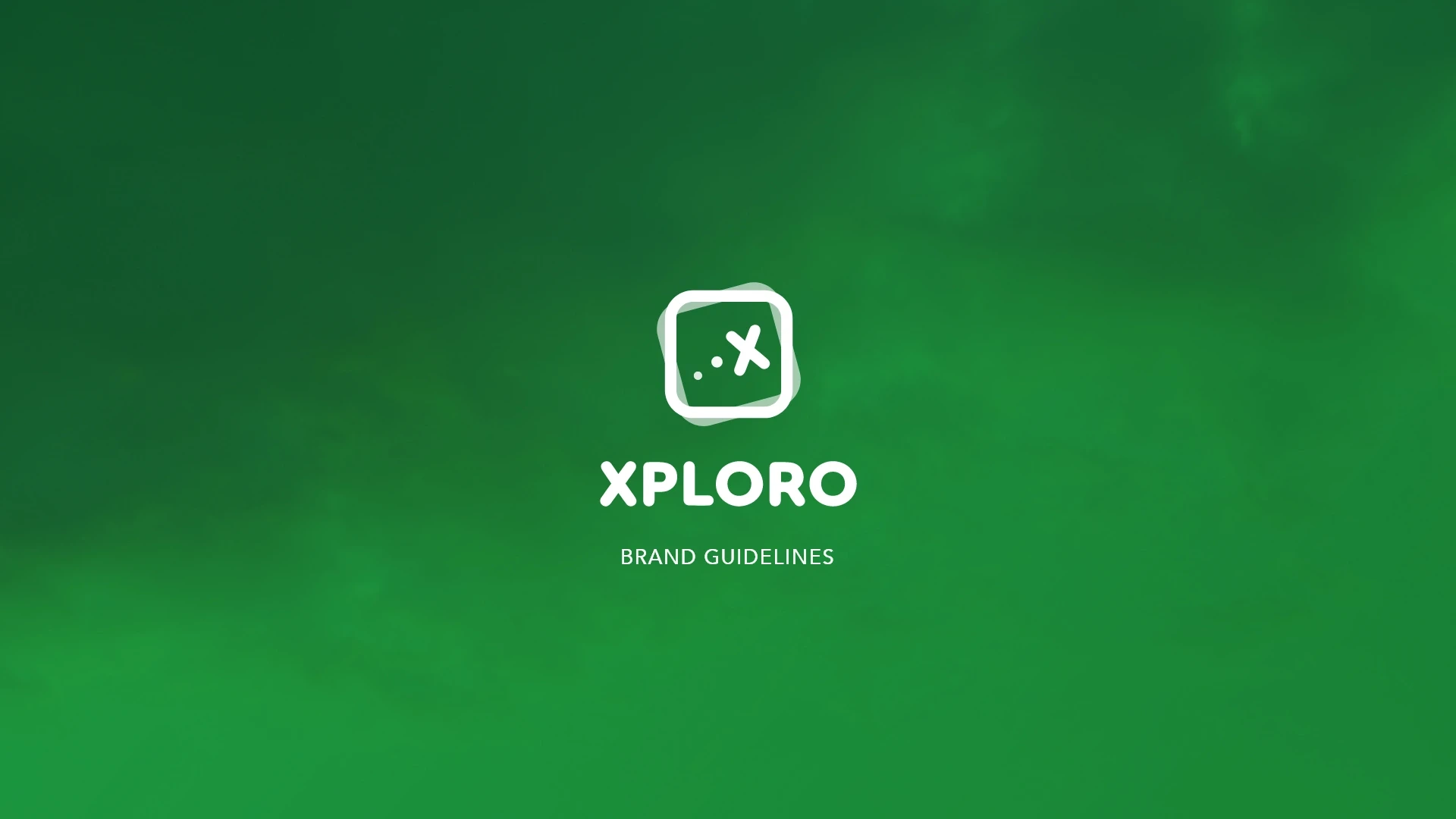 The first page of the Xploro brand guidelines shows the logo in white on a green background with dark clouds in the left-hand corner