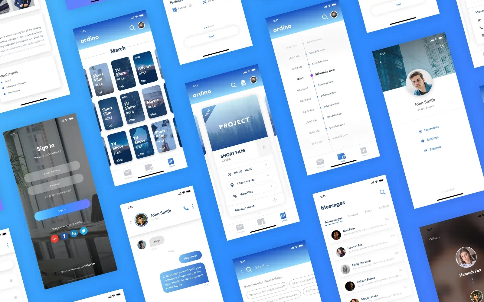 Screenshots from the Ordino app displayed in a grid at a slight angle on a blue background, highlighting the app’s features