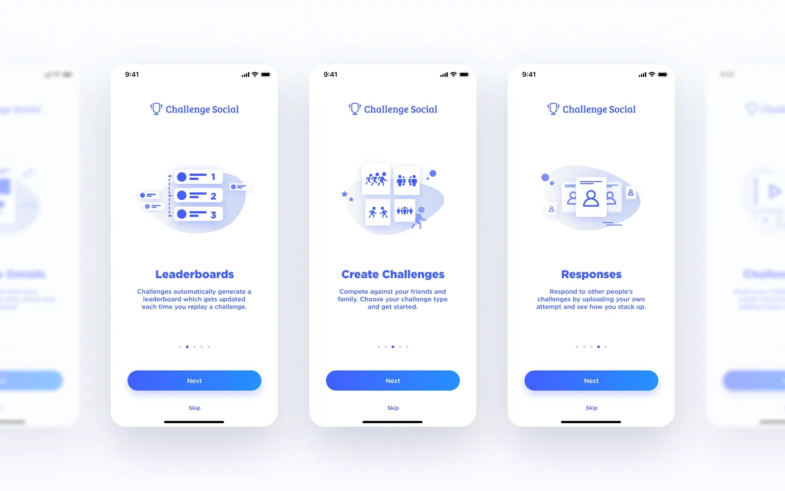 Multiple screens of the Challenge Social onboarding cards