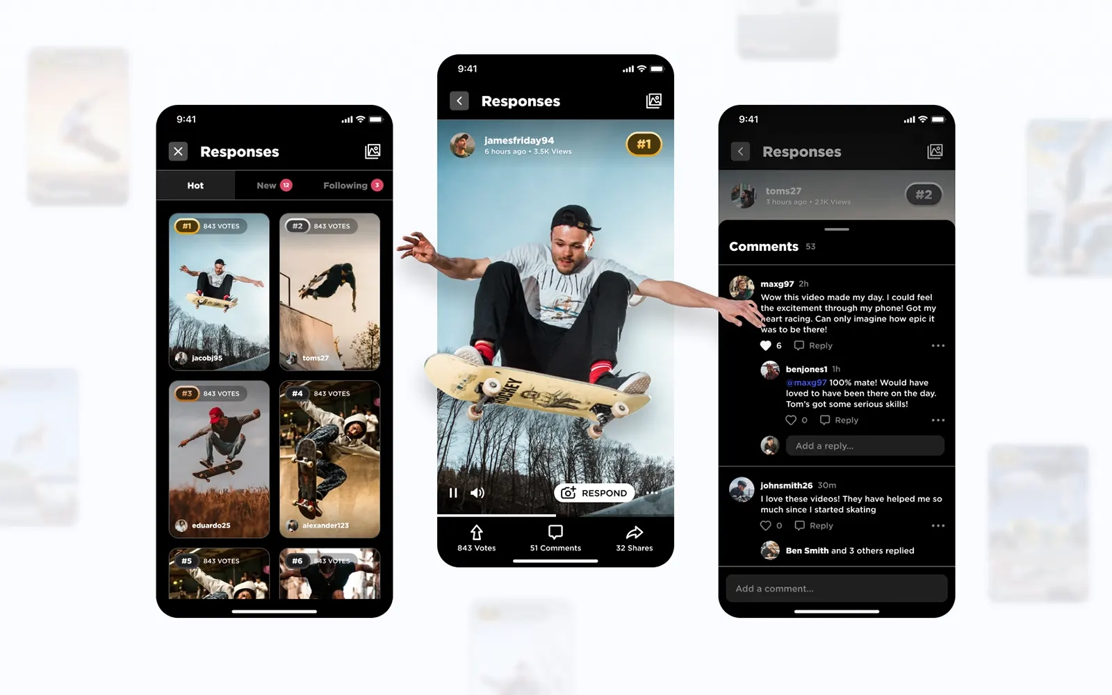 Three designs of the Challenge Social responses section with several photos of skateboarding tricks