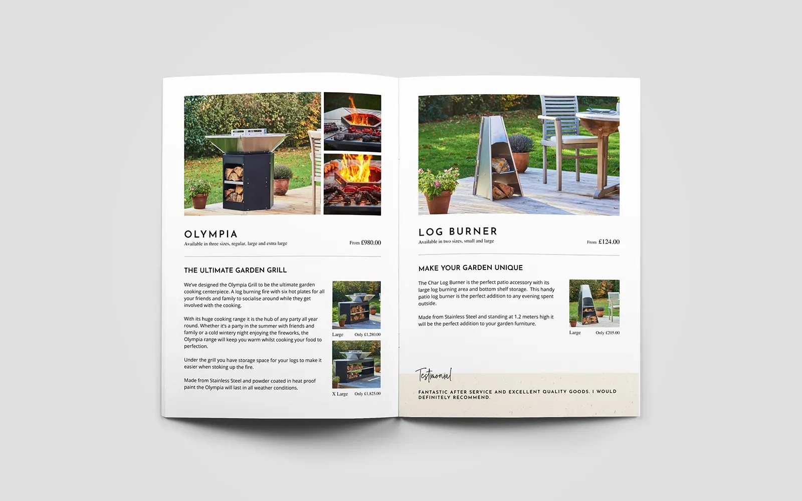 A two page spread of the brochure showing photos and information about the grills and log burners on offer