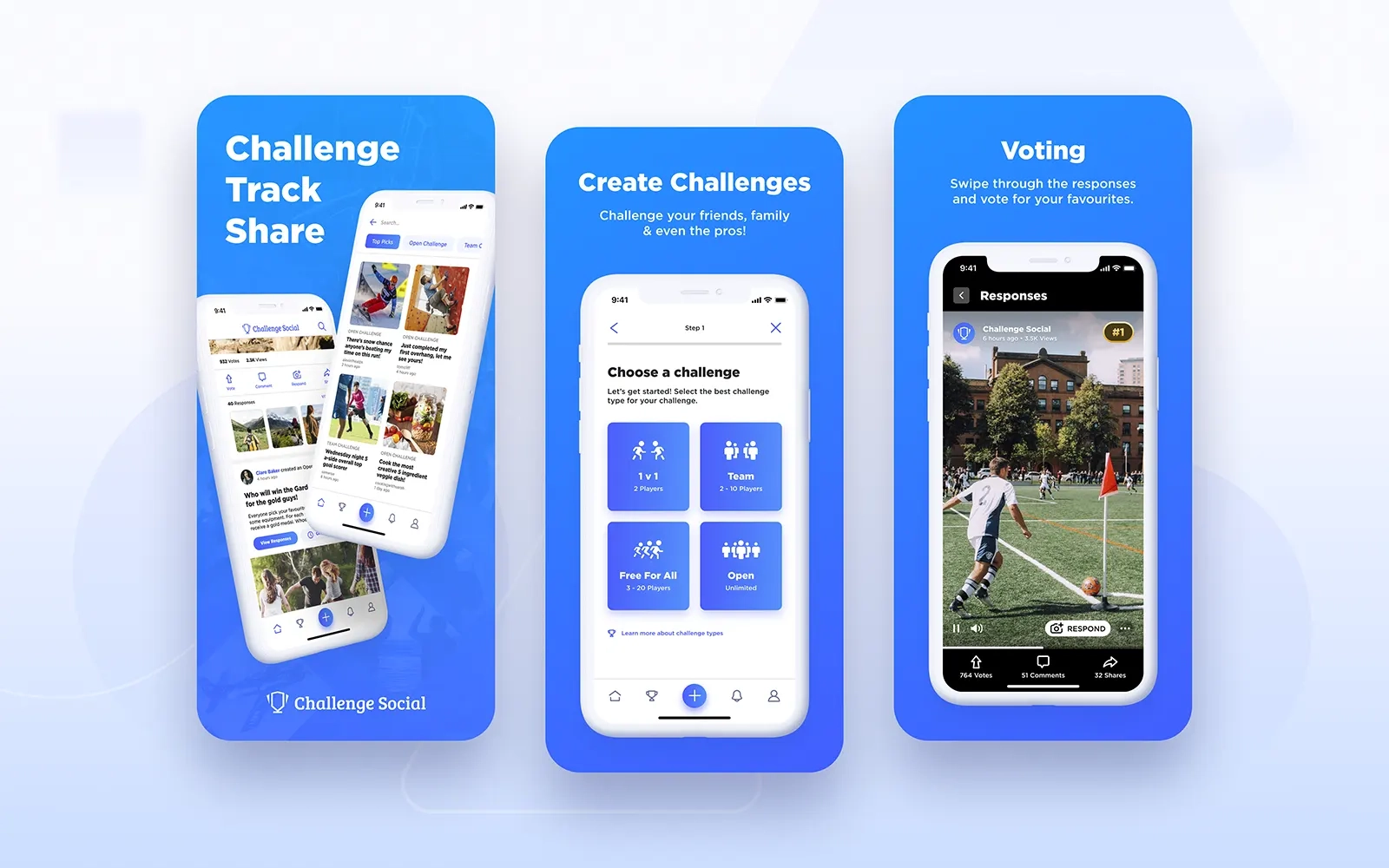 Three App Store screenshots showing the newsfeed, create challenge and response section screens