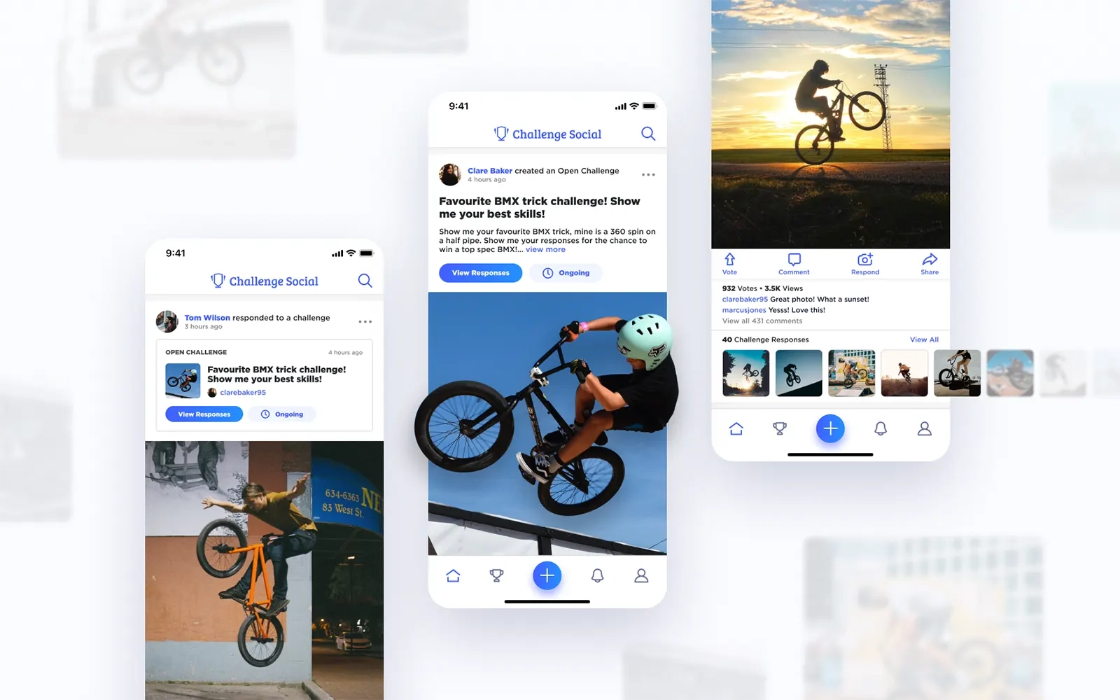 Three designs of the Challenge Social newsfeed with photos of people riding a BMX