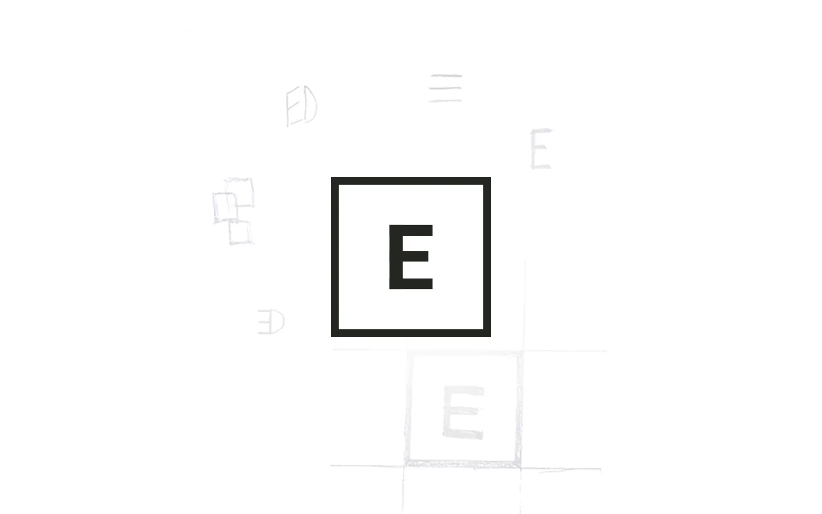 The modern, minimalist and black and white Ed Bartholomew logo, shows a white square with a black border, and a black ‘E’ positioned in the middle. The logo is on a white background showing initial sketches of the logo
