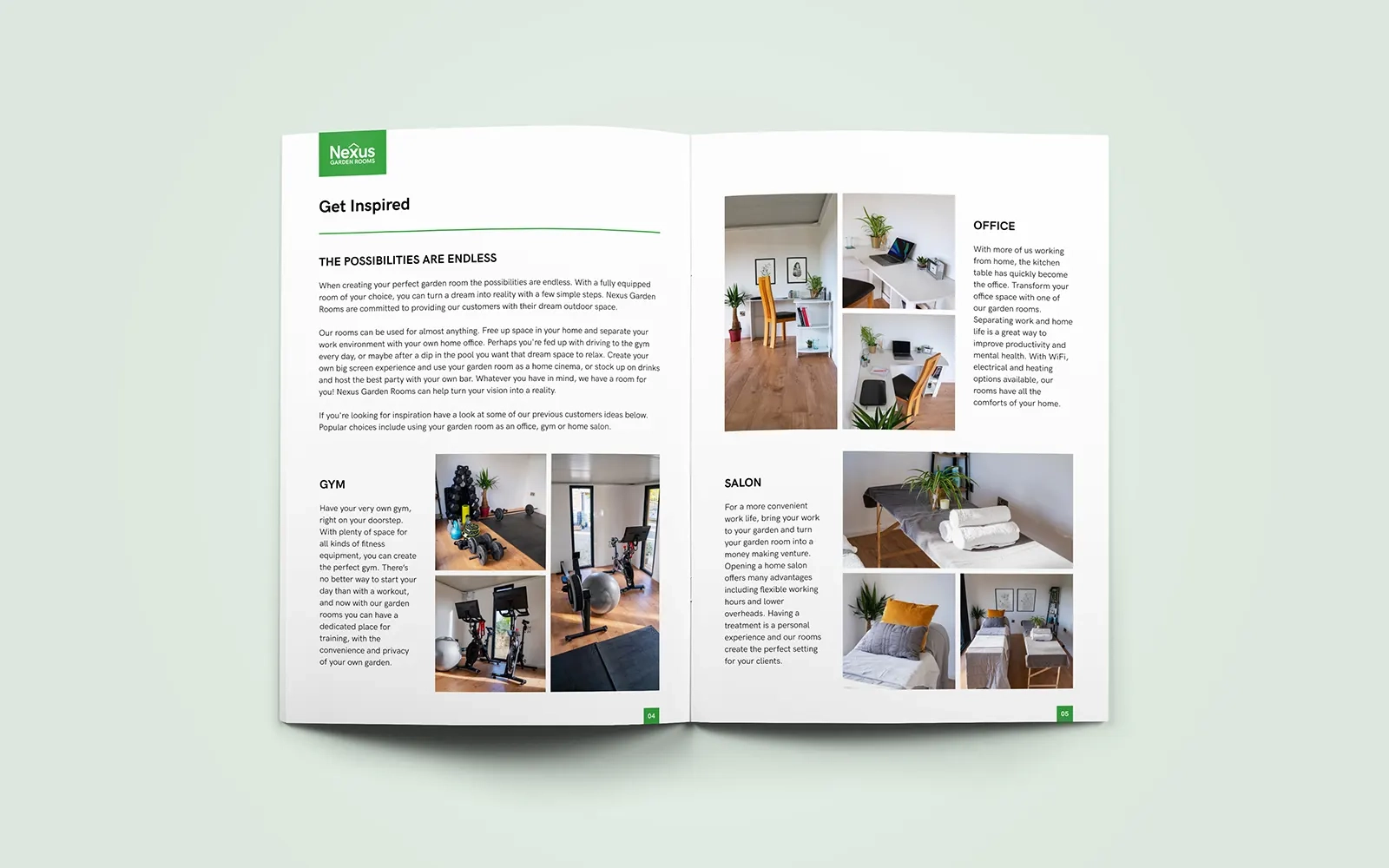  A two page spread of the brochure showing examples of different ways customers can use a garden room from a gym to an office or a home salon