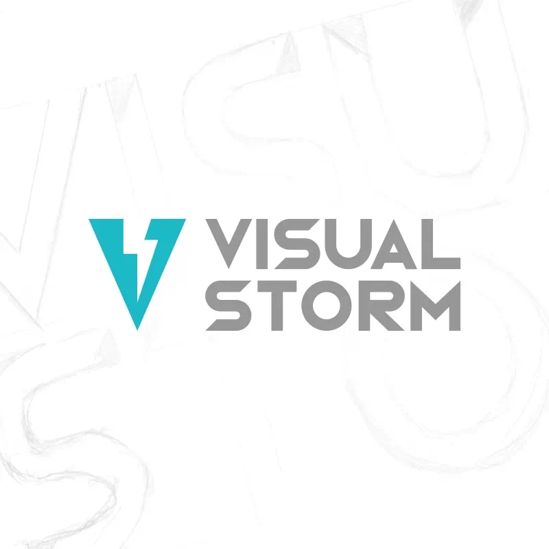 A blue ‘v’ with a lightning bolt in the middle with angular text saying ‘Visual Storm’ next to it. This modern and professional logo is displayed on a white background showing initial sketches of the logo