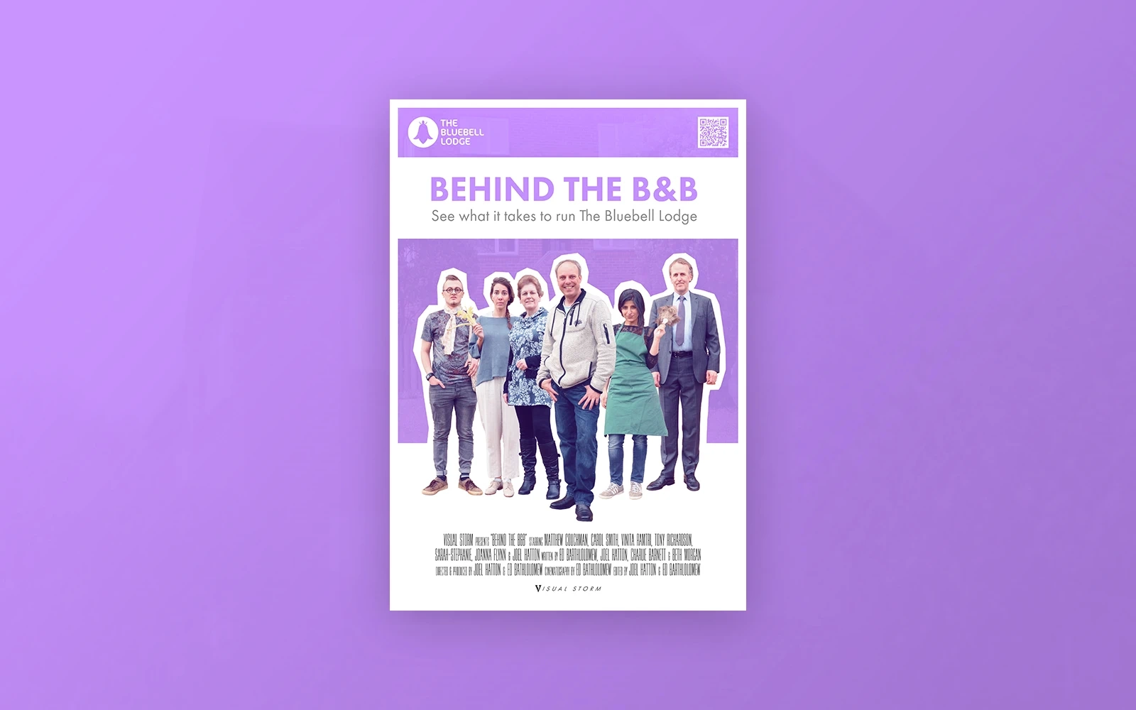 Promotional poster for the ‘Behind the B&B’ mockumentary showing the actors cut out and positioned in order of importance with a white and purple background