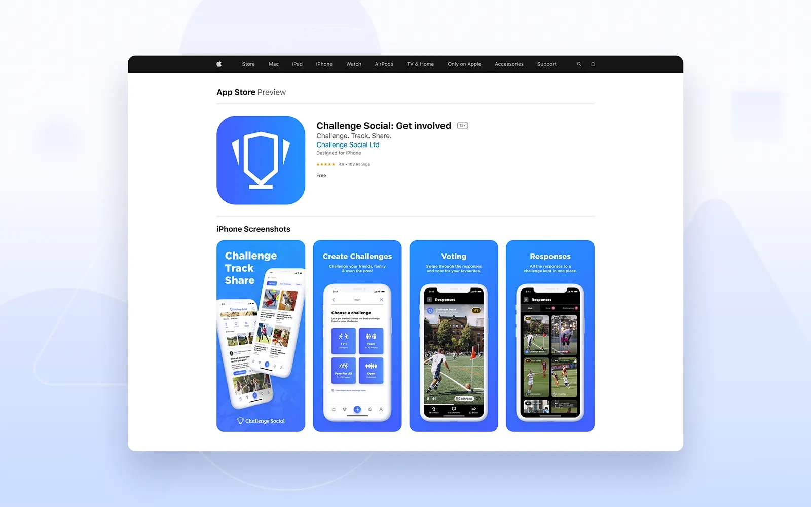 The Challenge Social page on the App Store, showing screenshots of the app against a blue background