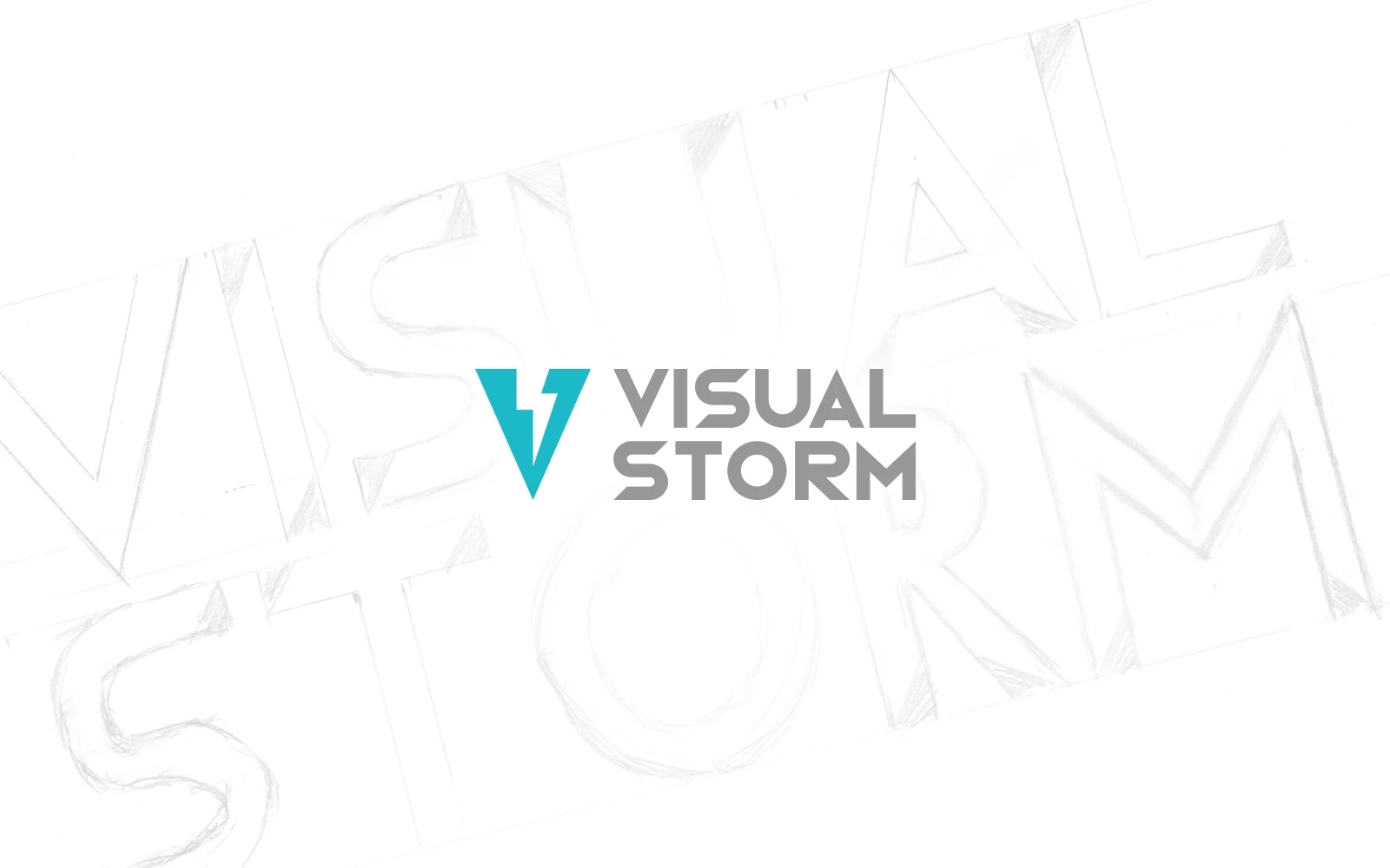 A blue ‘v’ with a lightning bolt in the middle with angular text saying ‘Visual Storm’ next to it. This modern and professional logo is displayed on a white background showing initial sketches of the logo