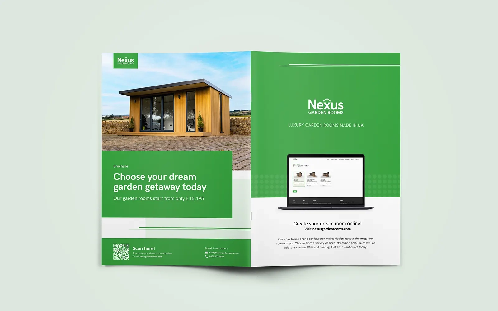 Both the front and back cover of the brochure, showing an example of a previously built garden room and information about the company's online room configurator