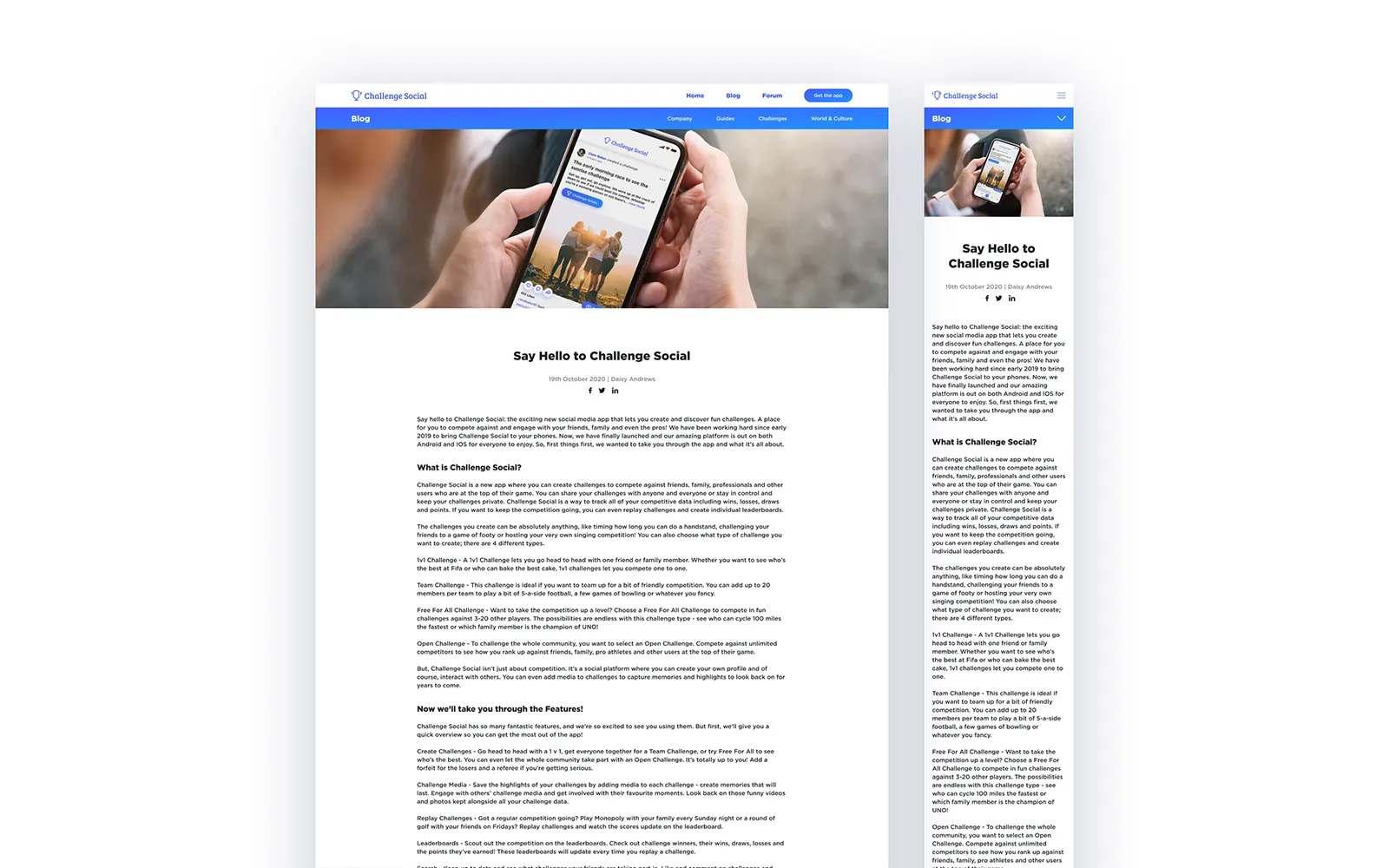 Two images side by side, one showing the desktop version, the other showing the mobile version of a blog article page. The pages start with a header image followed by the text of the article