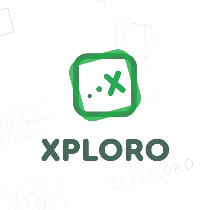 The modern and trendy Xploro logo shows two overlapping green squares with a few dots leading to an ‘x’ in the middle. This fun and quirky logo is shown on a white background with initial sketches of the logo