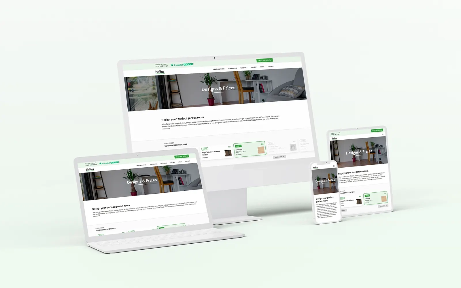 The Nexus Garden Rooms online configurator page displayed in various white 3D device mockups