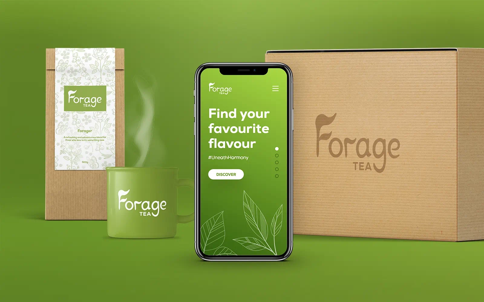 On a plain, green background is a mobile showing a mockup of the Forage Tea website. Next to it are some packaging mockups
