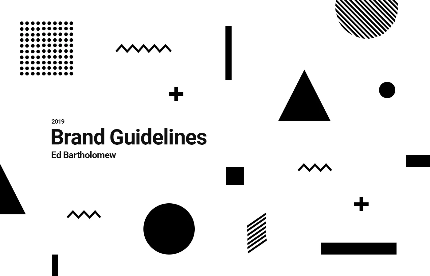 The cover page of the 2019 Ed Bartholomew Brand Guidelines. Black and white shapes are spread out across the page in a modern and minimalist style