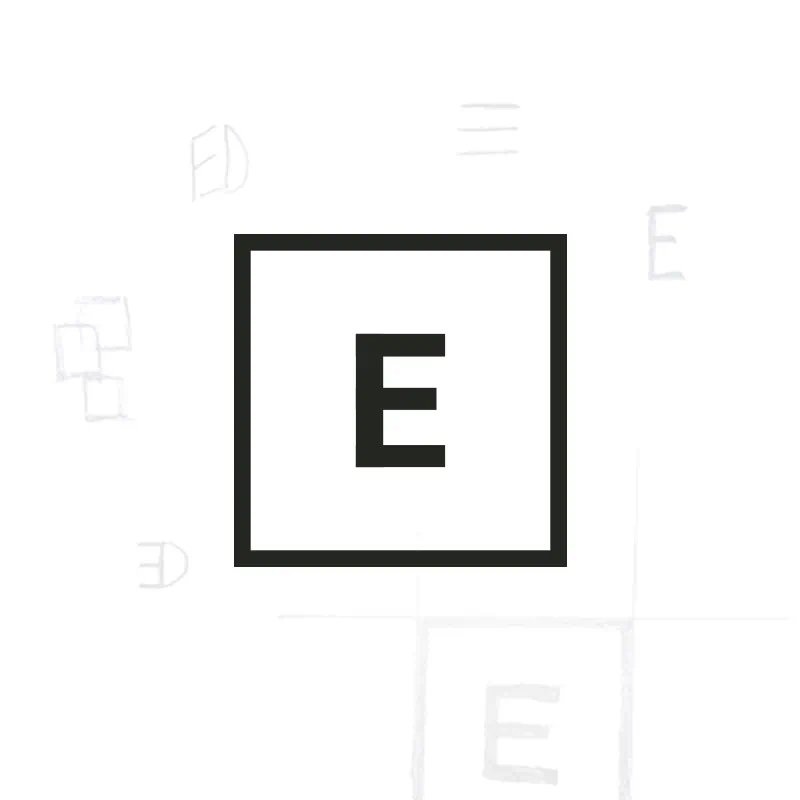 The modern, minimalist and black and white Ed Bartholomew logo, shows a white square with a black border, and a black ‘E’ positioned in the middle. The logo is on a white background showing initial sketches of the logo