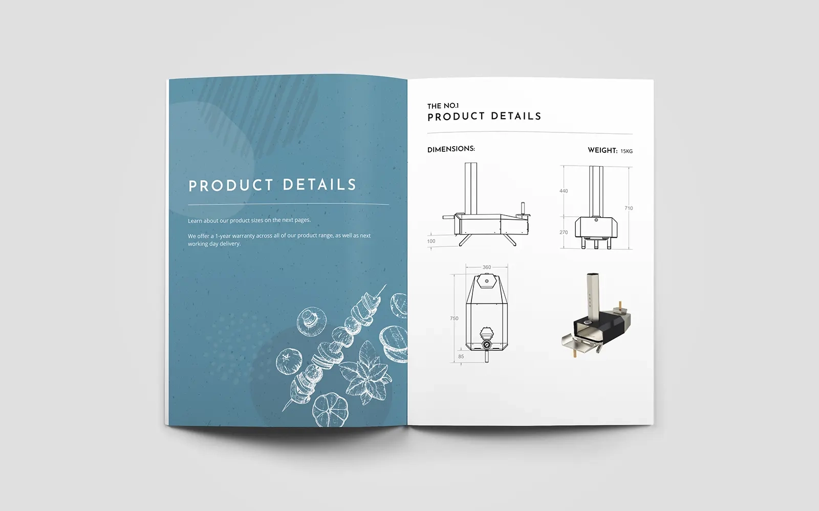 A two page spread of the brochure showing the 'product details' divider page and product specifications 