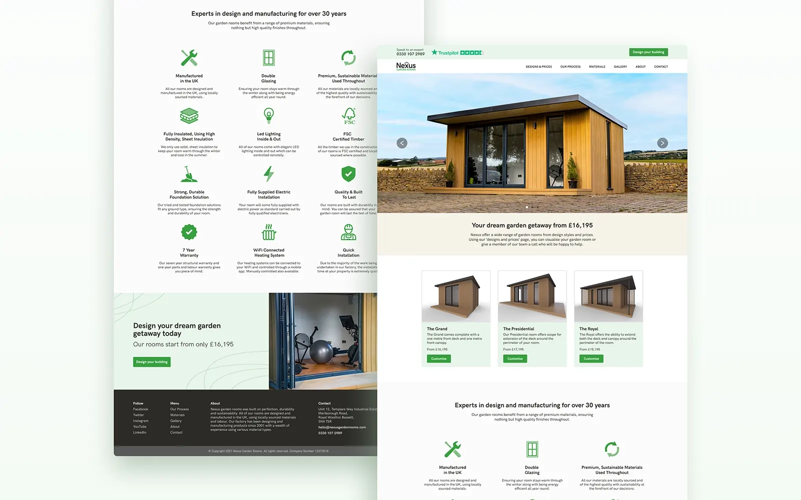 Two images overlaid on top of one another showing the landing page of the Nexus Garden Rooms website, showing images of the rooms