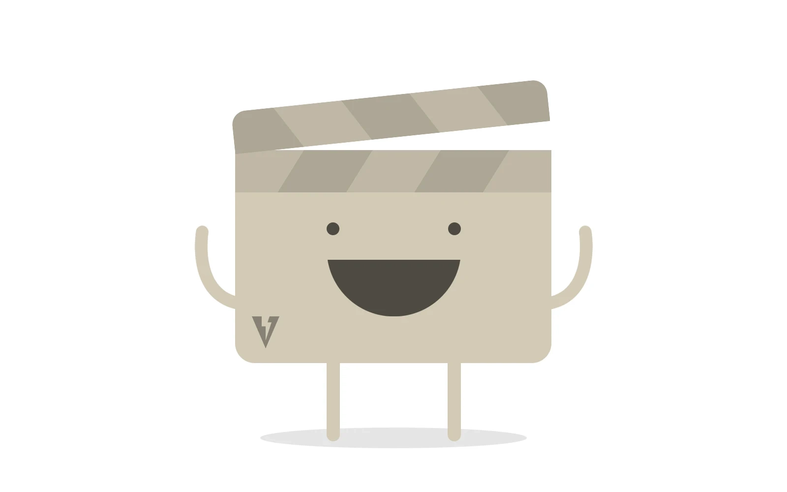 The Visual Storm mascot is a modern, quirky and fun cartoon clapperboard shown front on and smiling