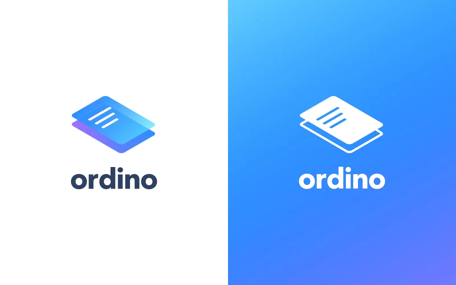 The Ordino logo split into two versions, one with the logo in blue and purple on a white background, the other is white on a blue and purple background