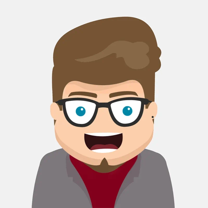 A still from the Phoenix Creative 2D animated video showing a close up of a cartoon style man wearing glasses and looking happy