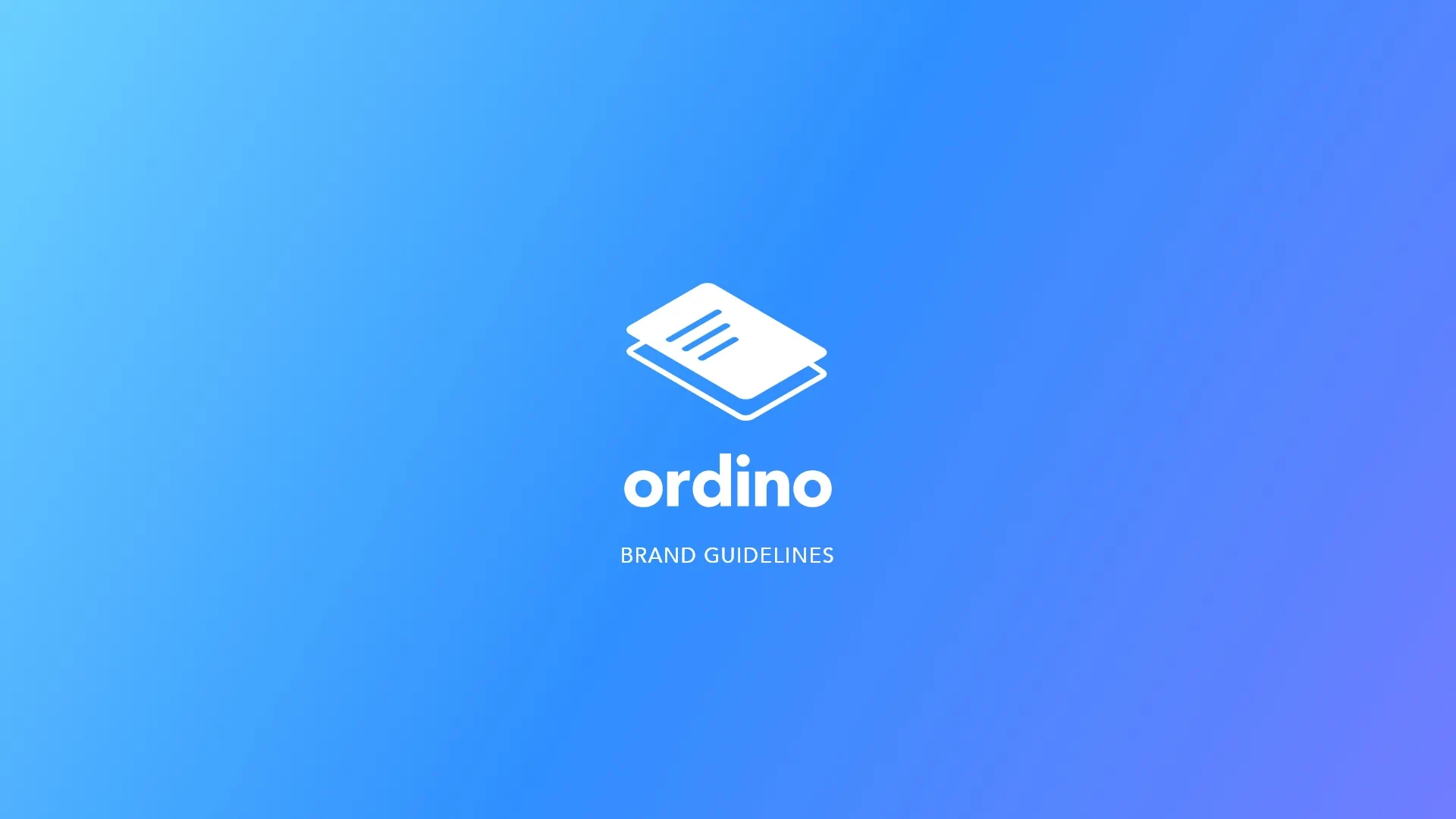 The first page of the Ordino brand guidelines shows the logo in white on a blue and purple background