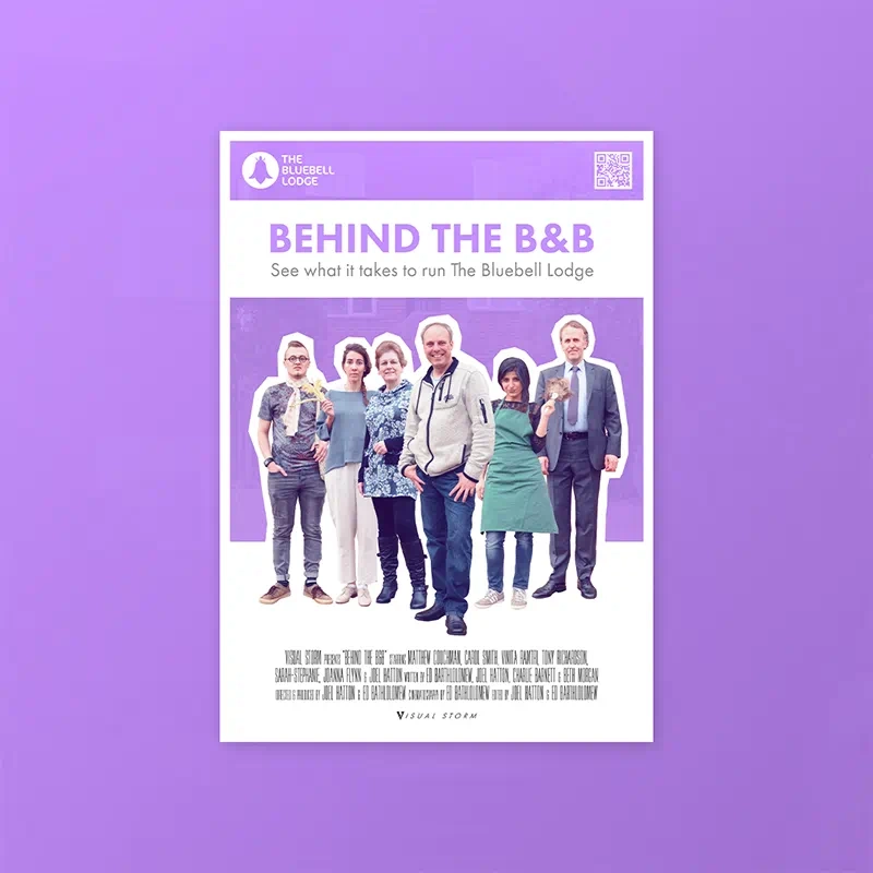 Promotional poster for the ‘Behind the B&B’ mockumentary showing the actors cut out and positioned in order of importance with a white and purple background