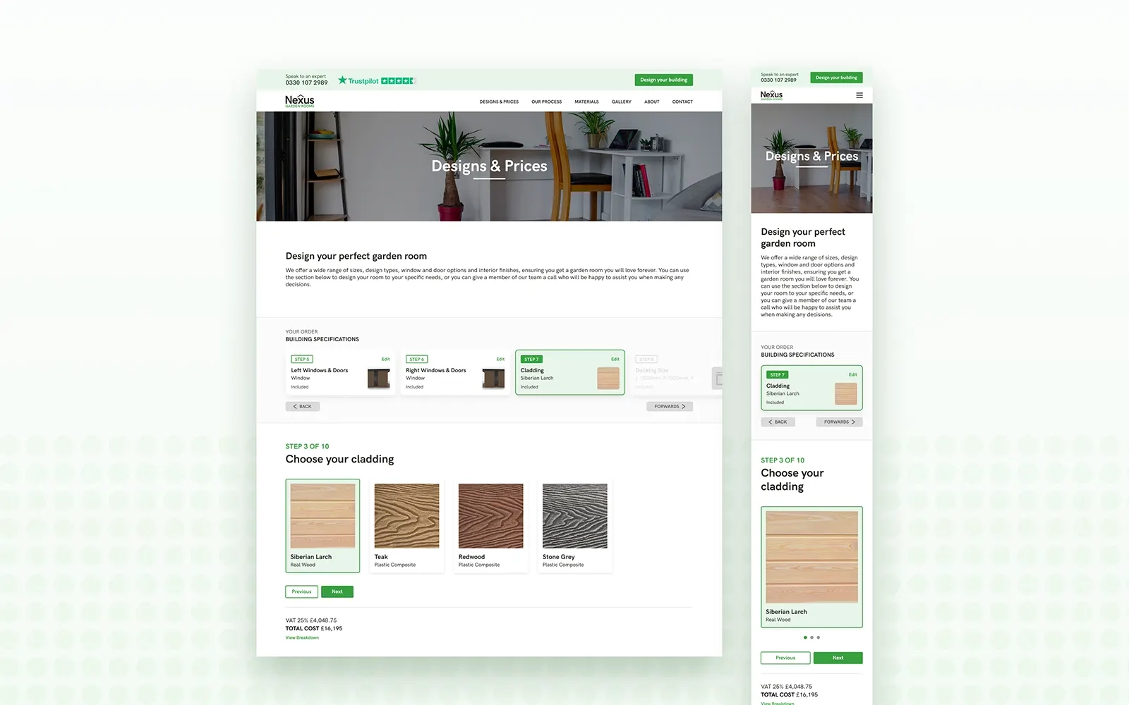 Two images side by side, one showing the desktop version the other the mobile version of the room configurator, outlining the steps of the ordering process