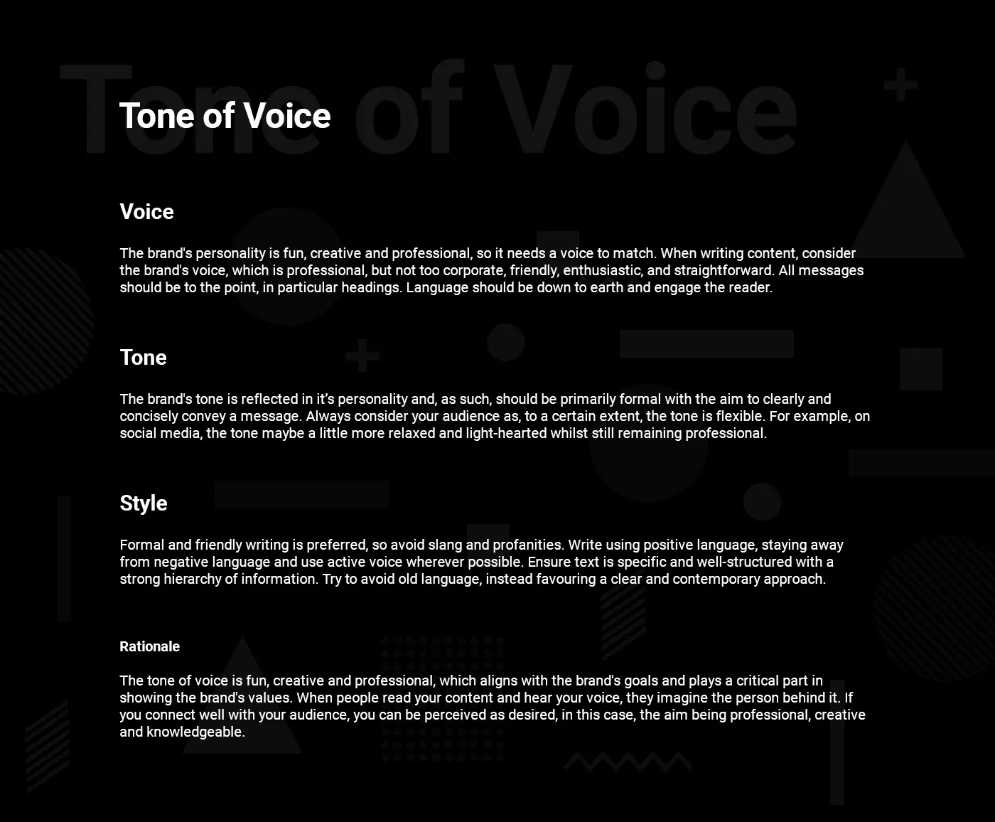 The tone of voice page describes how to write content in keeping with the brand’s style and values