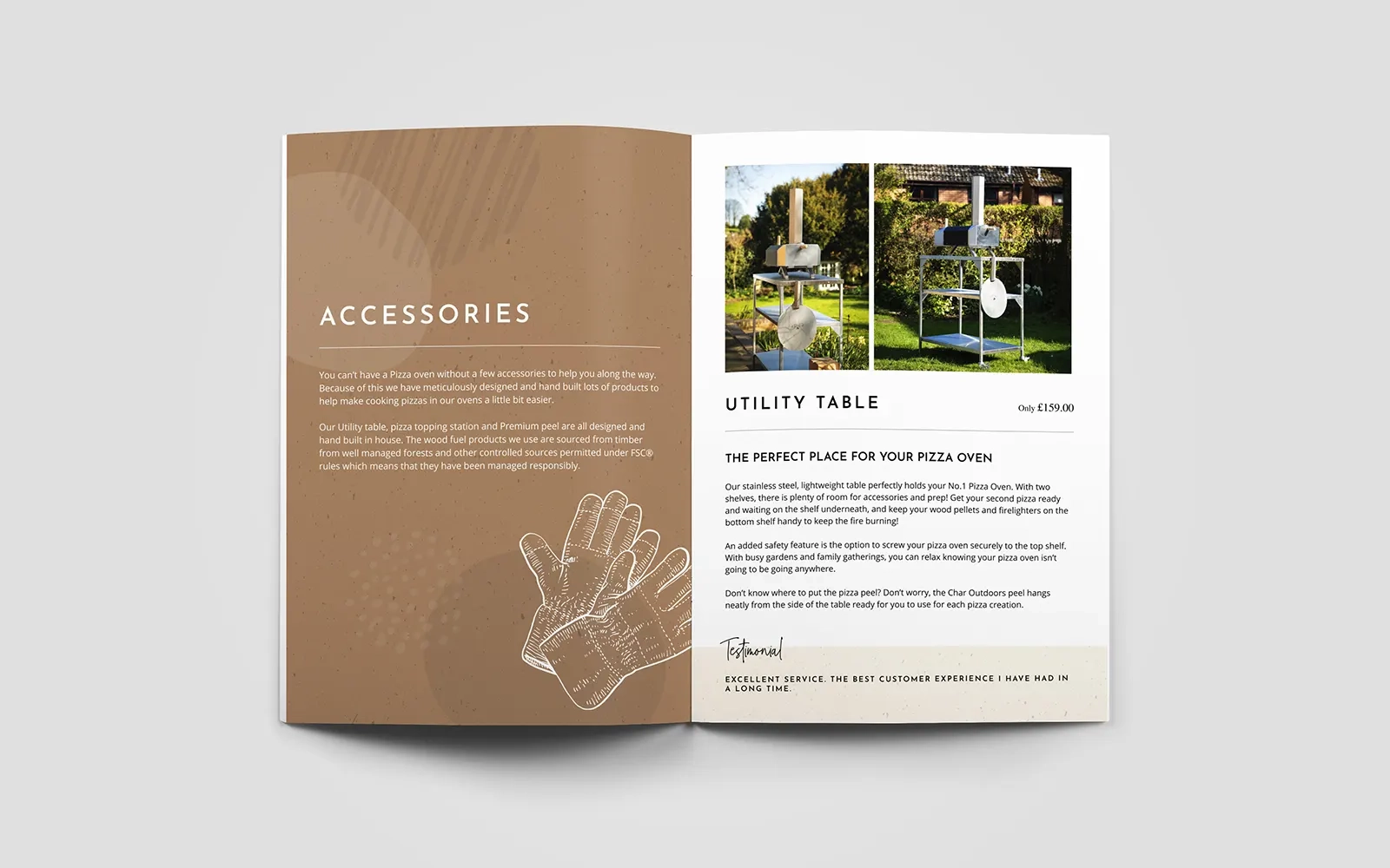 A two page spread of the brochure showing the 'accessories' divider page and photos and information about the utility table on offer