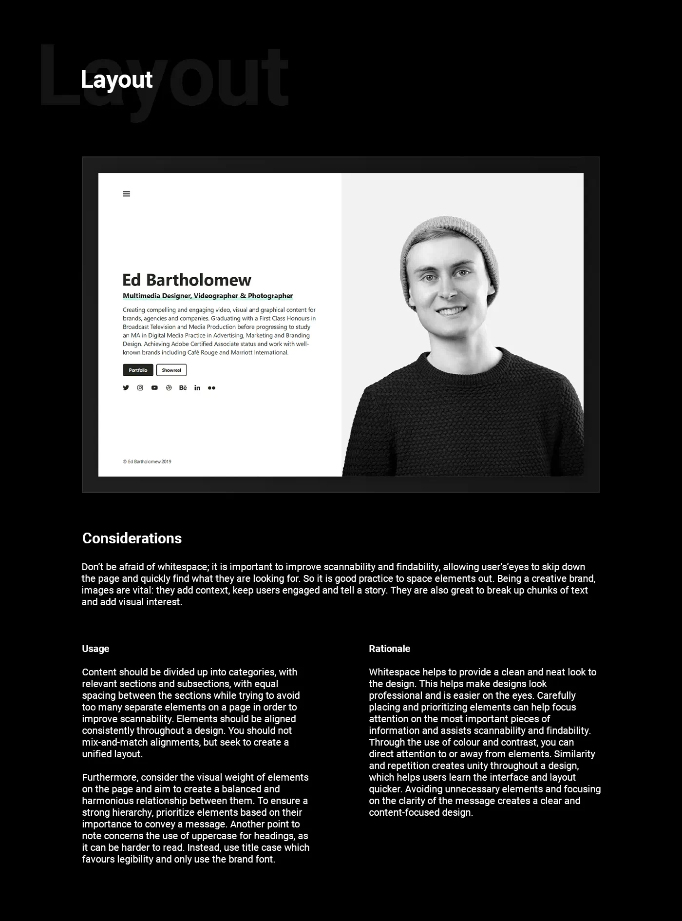 The layout page describes the style to be used when designing content for the brand