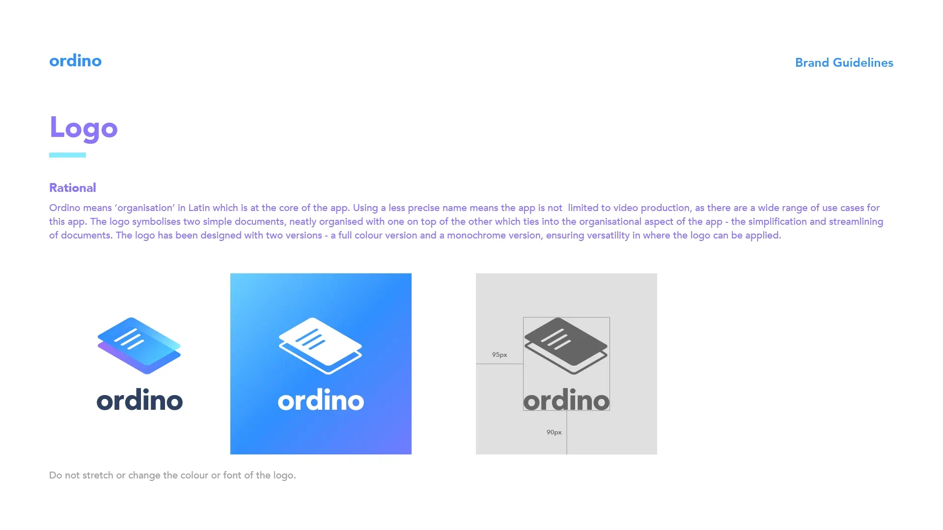 The third page of the Ordino brand guidelines outlines the various versions of the logo available