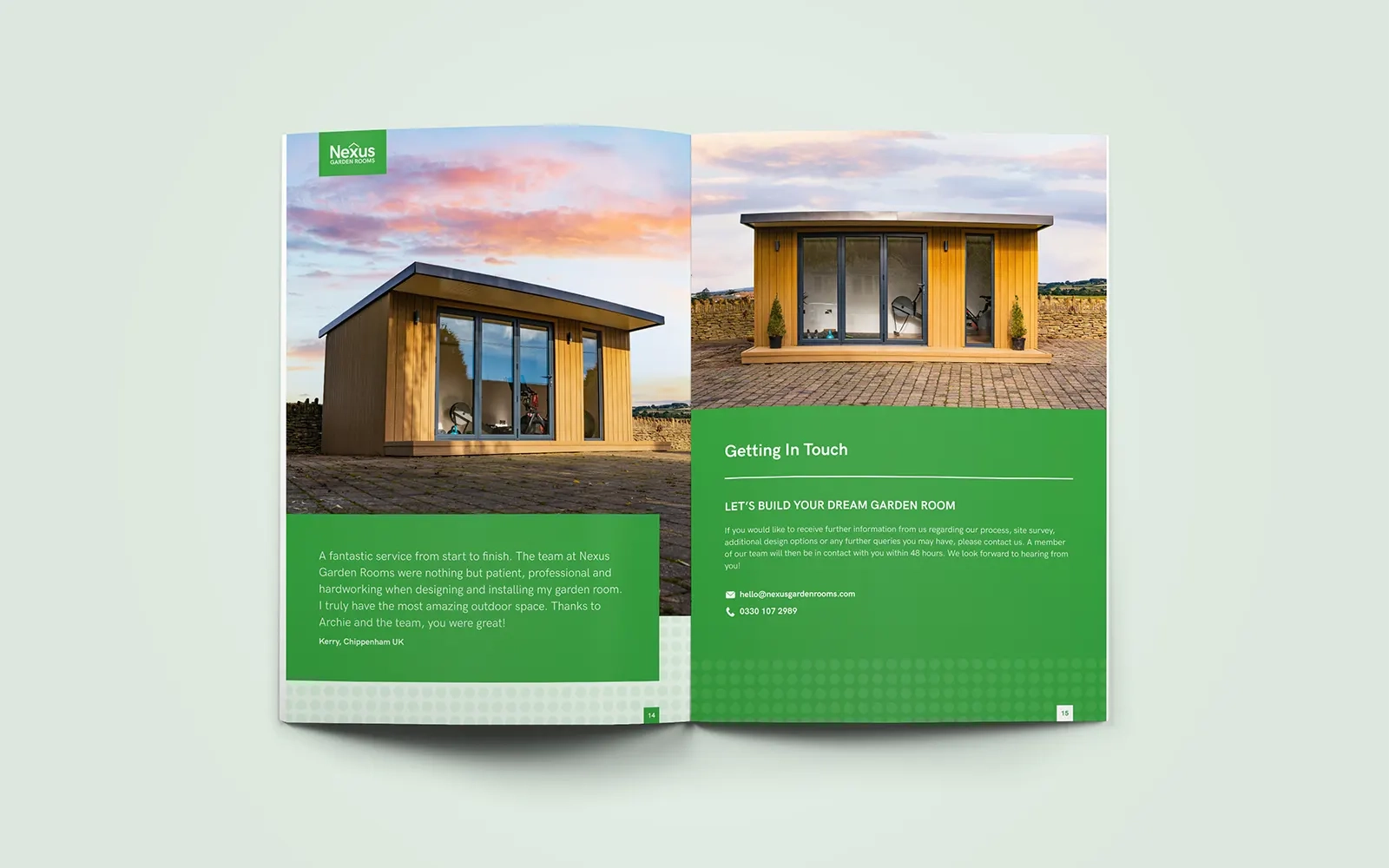  A two page spread of the brochure showing beautiful sunset photos of a garden room along with a customer review and the company's contact information