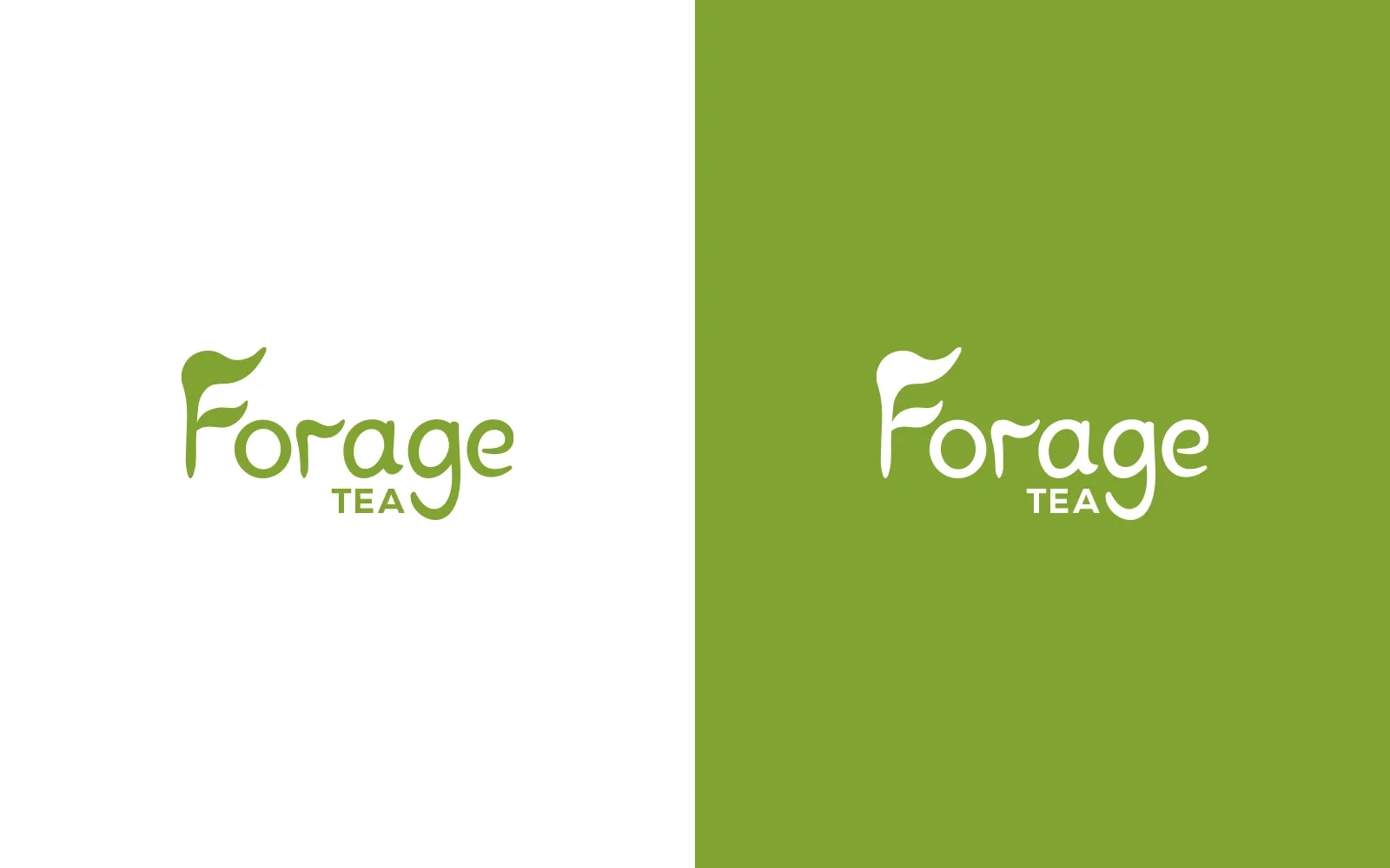The Forage Tea logo split into two versions, one with the logo in green on a white background, the other is white on a green background