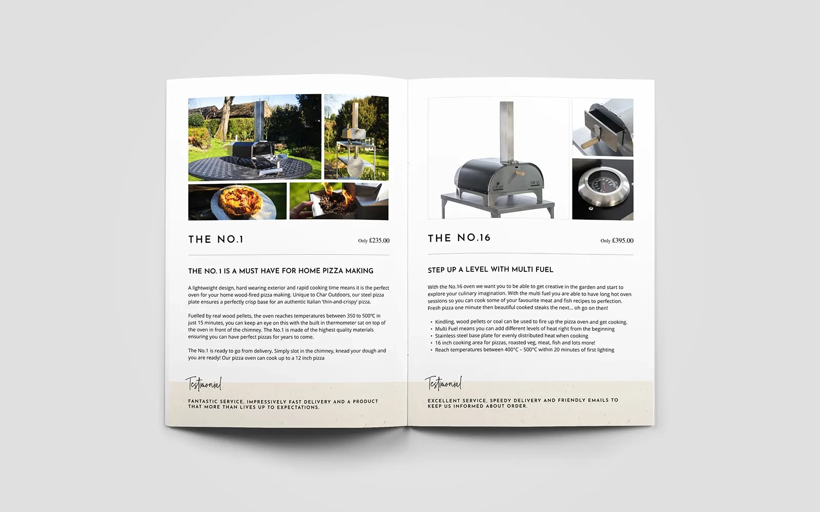 A two page spread of the brochure showing photos and information about the pizza ovens on offer