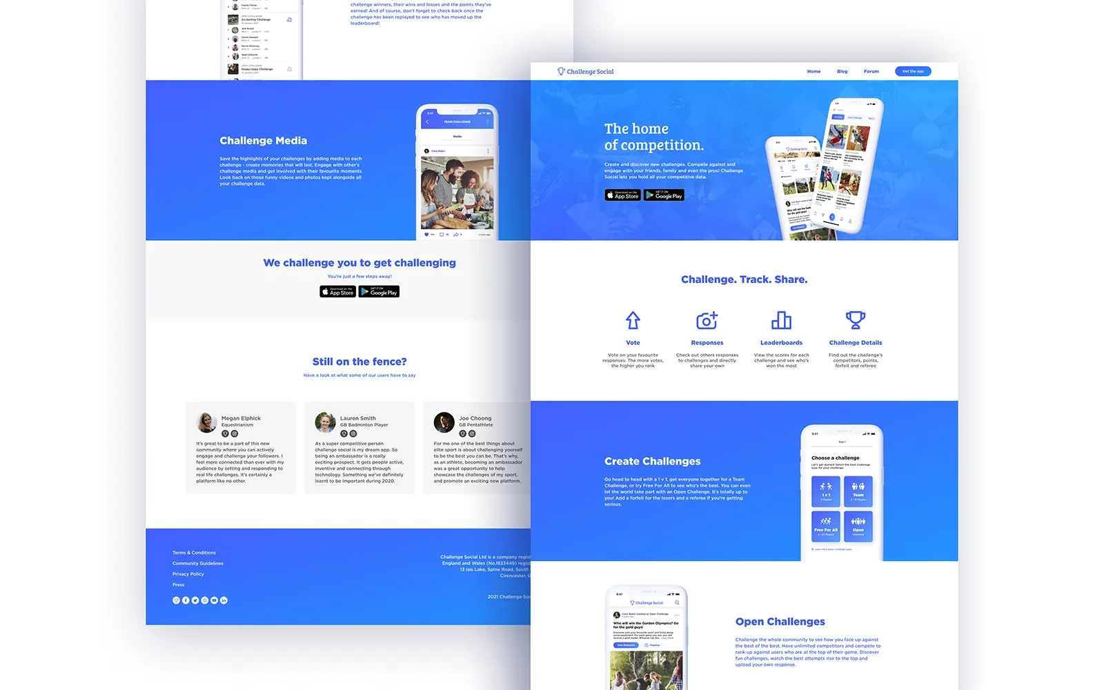 Two images overlaid on top of one another showing the landing page of the Challenge Social website, with sections in white and blue and mock ups of the Challenge Social app